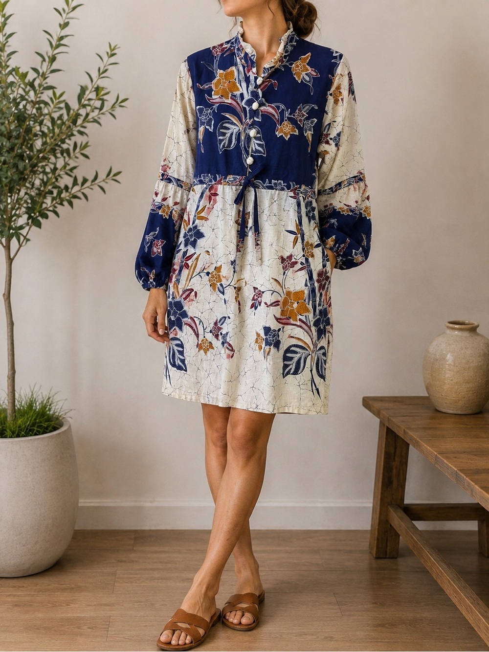 Floral Batik Style Button Front Tunic Dress Women’s Small Navy Multi Print